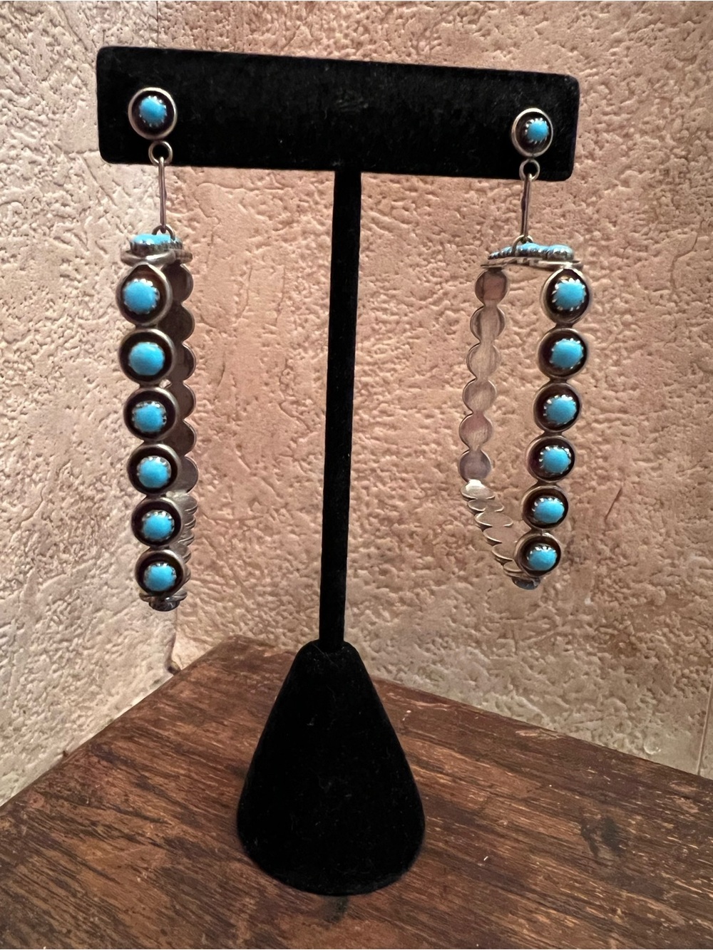 Vtg Zuni Turquoise Sterling Silver Snake Eye Square Hoop Dangle Earrings 925 - Picture 5 of 12